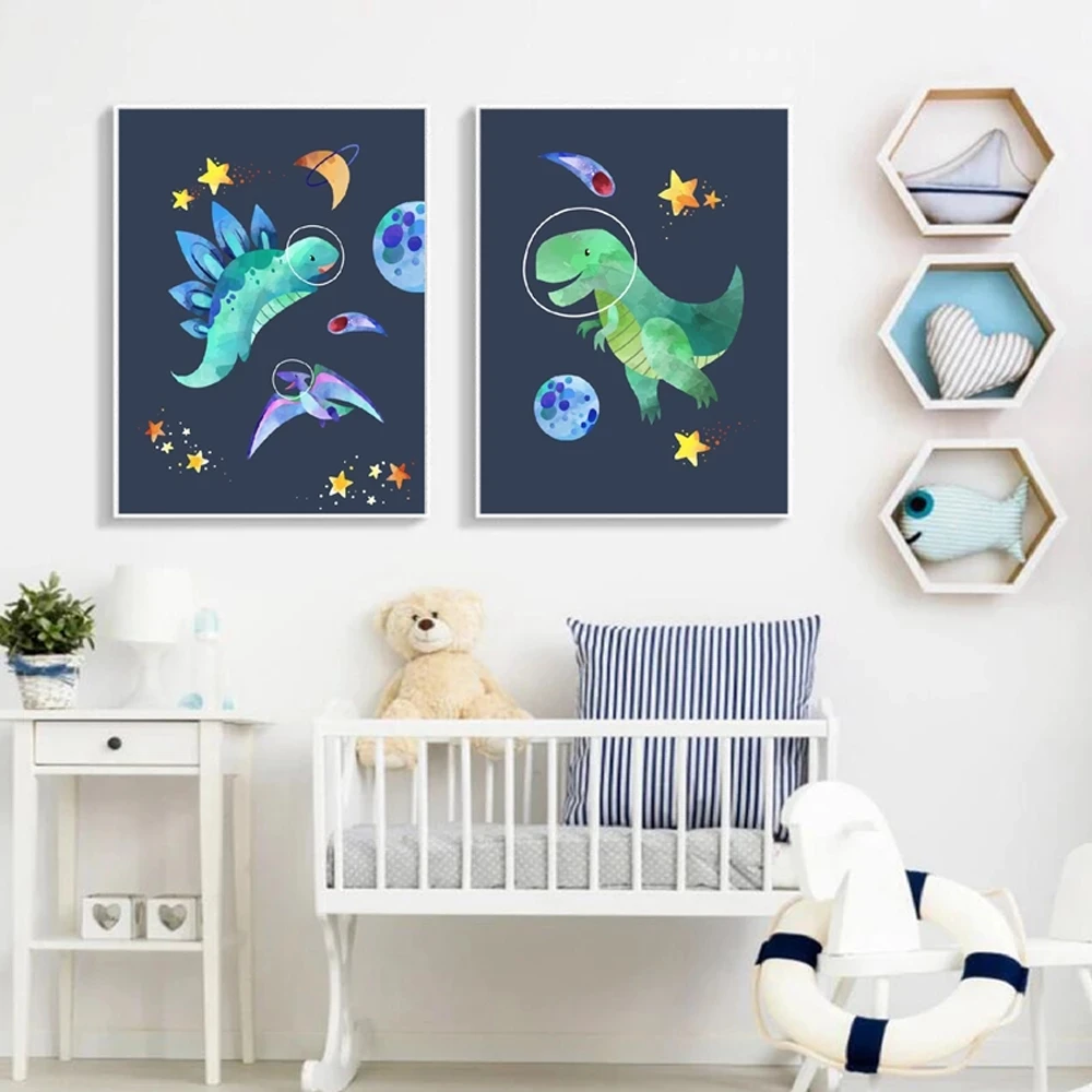 

Nursery Dinosaur Cartoon Poster And Print Outer Space Rocket Wall Decor Art Space Canvas Painting Home Boys Kids Room Decor