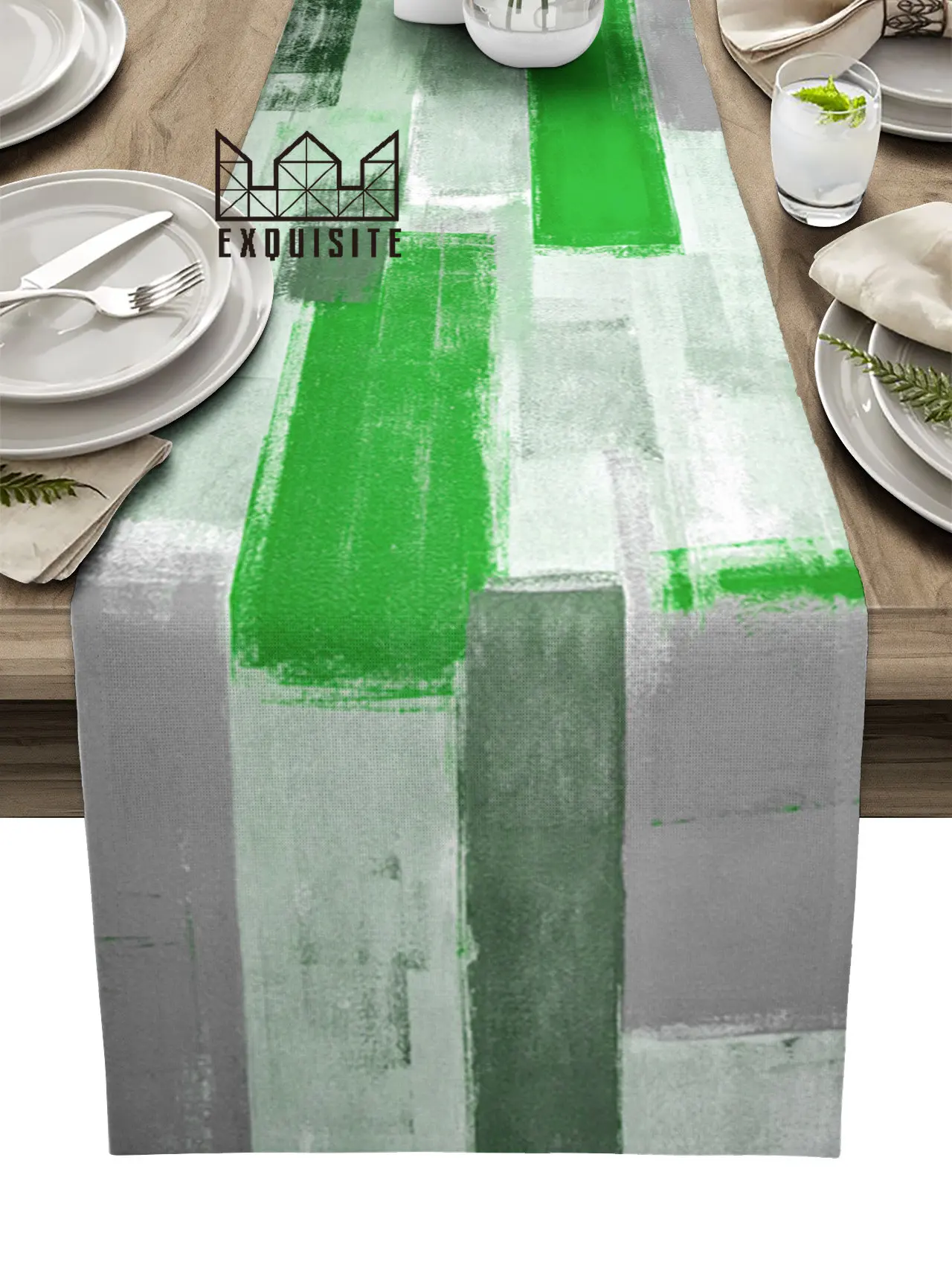 

Картина маслом, абстрактная Геометрическая зеленая настольная дорожка, Обложка для обеденного стола на свадьбу, вечеринку, ткань салфетка ...