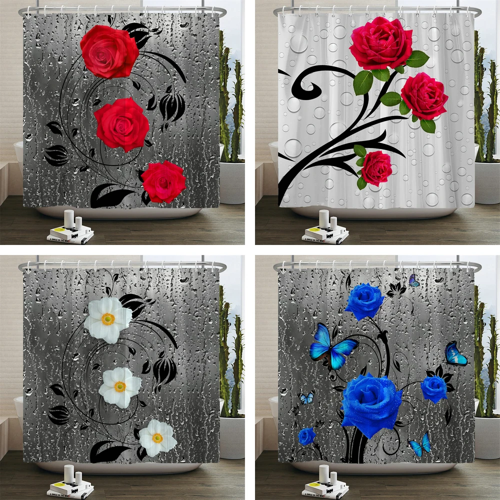 

Colorful Red Rose Shower Curtain Butterfly Flower Bathroom Polyester Fabric Bath Curtains Simplicity Decoration Bathtub Screen