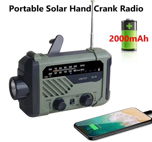 Portable Radio Hand Crank AM FM Emergency Solar Reading Lamp Flashlight SOS Alarm 2000mAh Power Bank for Phone Charger |