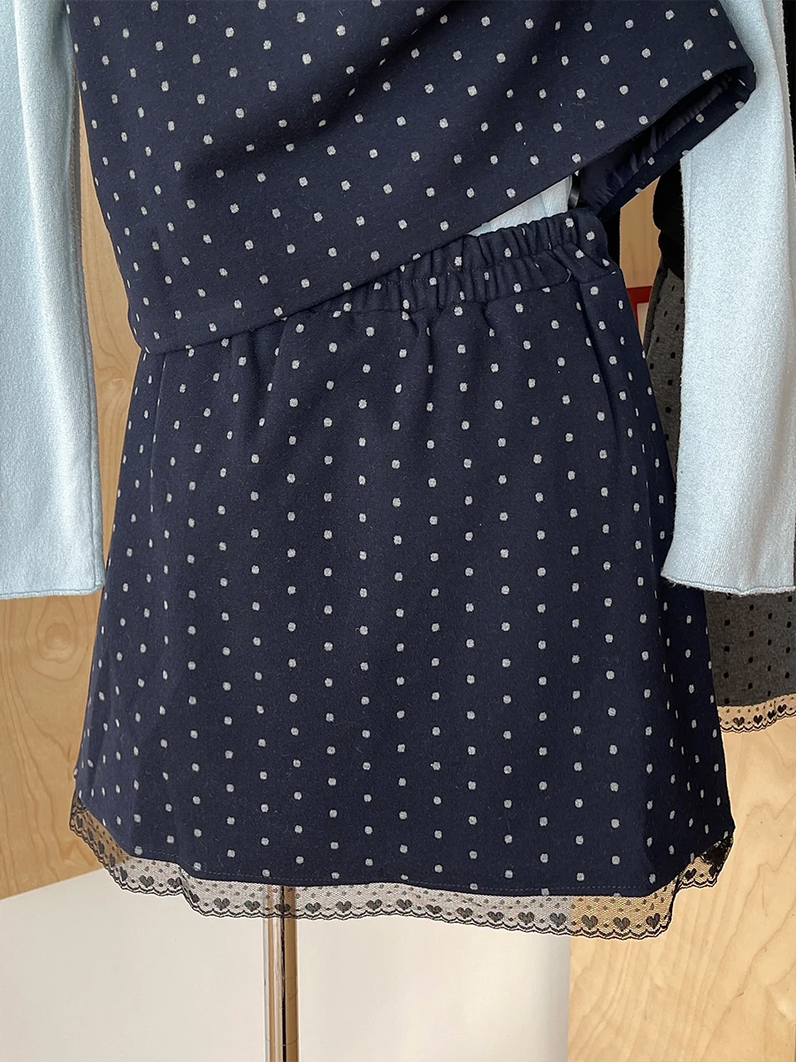 Rena Skin-friendly Comfortable Turtleneck Knitted Base + Sweet Polka Dot Vest Top Lace Stitching Short dress Free Lace-up