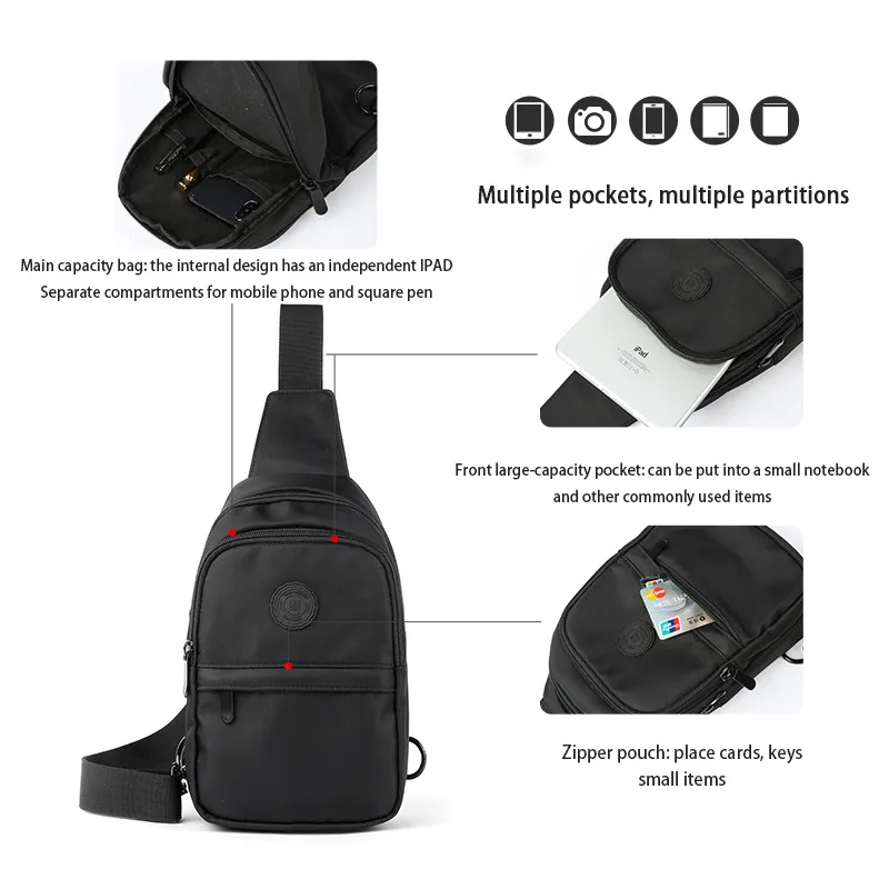 Men Chest Bags 9.7inch IPad Large Capacity Zipper Lightweight Oxford Crossbody Bag Fashion Utility Simple Unisex Sling Bags