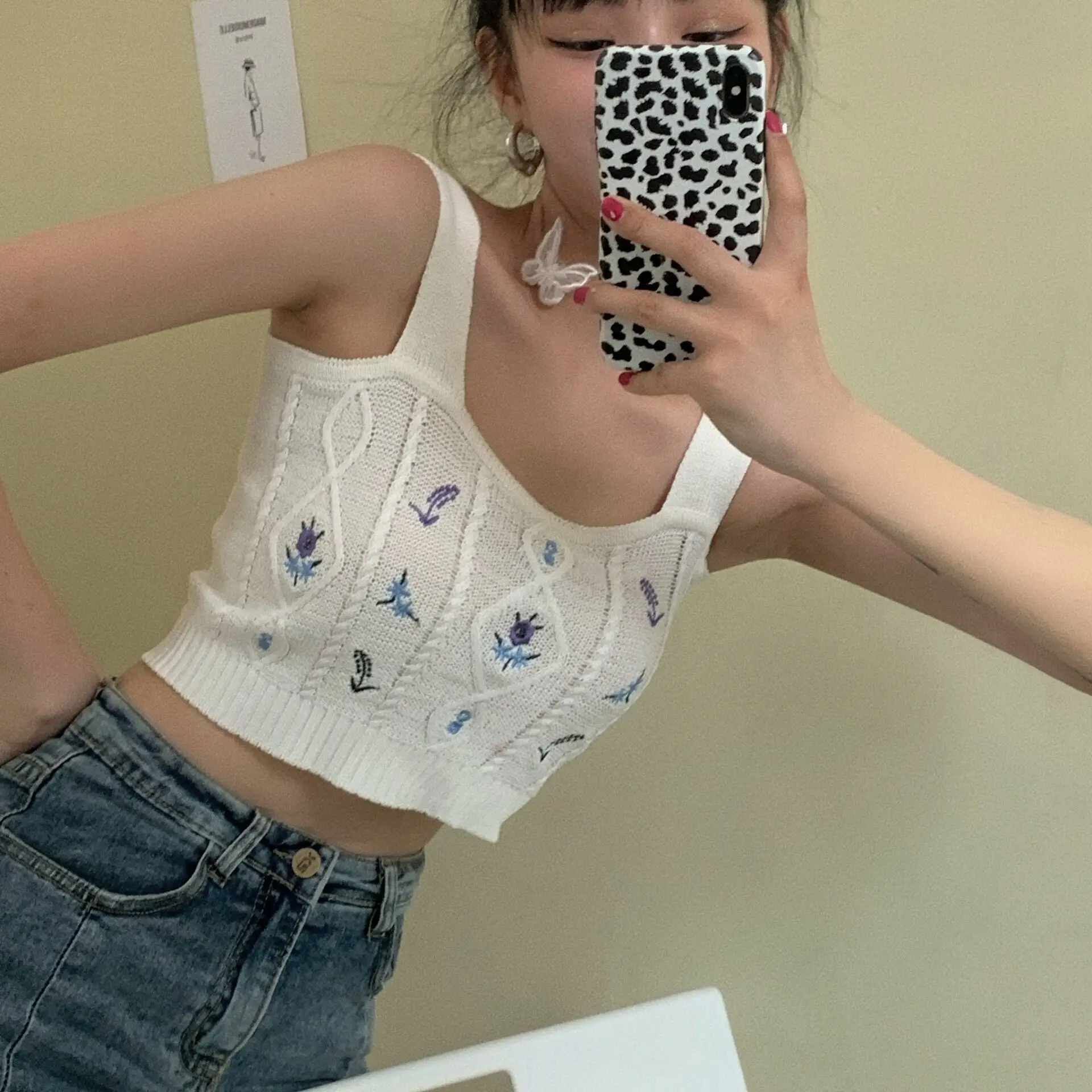

Women Flower Embroidery Knitted Crop Tops Women Streetwear Camis Tube Tops Strappy Tanks Cute Tops For Women Summer green tops