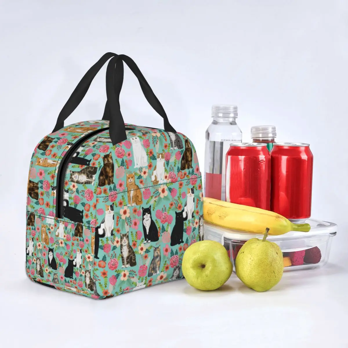Lunch Bag for Men Women Cats Vintage Florals Insulated Cooler Bags Waterproof Picnic School Animal Oxford Tote Bento Pouch