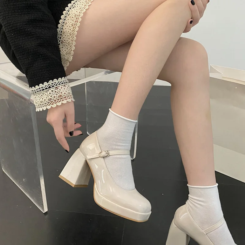 

Brand Design Square Toe High Heels Mary Janes Women Patent Leather Chunky Heels Pumps Woman Elegant Ankle Strap Banquet Shoes