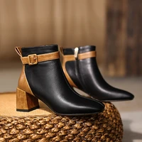 2022 new autumn and winter women ankle boots natural leather 22 25cm cowhide upper colorblock belt buckle booties modern boots