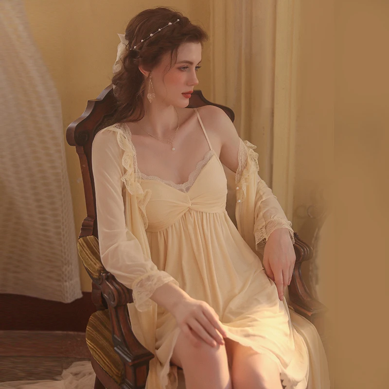 2023 Autumn Sleepwear Lingerie for Women Sexy Solid Color Pajamas Mesh Long Sling Nightdress Robe Homewear Set Night Wear