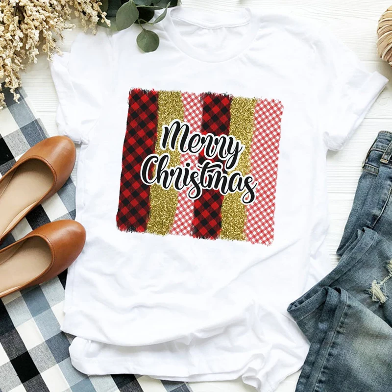 

Women Merry Christmas Plaid Fashion Style Winter Printing 90s Holiday Trend Ladies Graphic Print Tee Top Tshirt Travel T-shirt