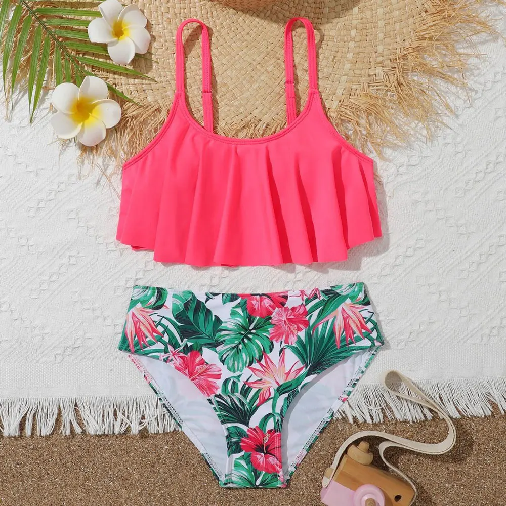 

Купальник-бикини с тропическим принтом для девочек, детский купальник из двух предметов с оборками и воланом, летний пляжный костюм
