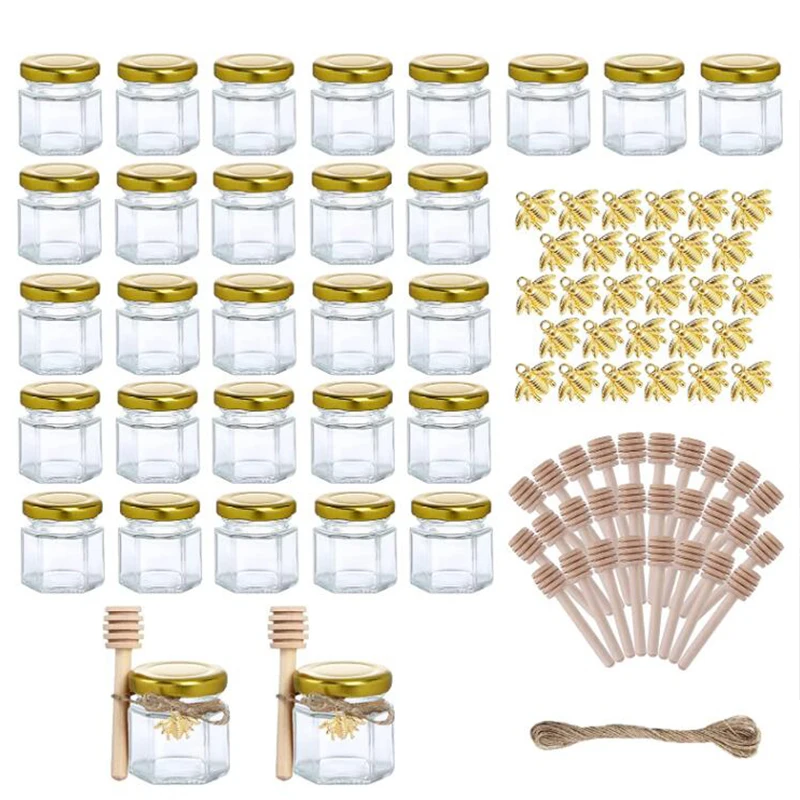 

Bee Jars Shower Favors Lid With Wedding Favors Dipper Jutes Honey Hexagon Glass 20/30pcs Baby Party 1.5oz Wood Pendants Gold
