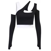 y2k punk grunge fashion black white patchwork long sleeve off shoulder harajuku bodycon crop tops tops for women