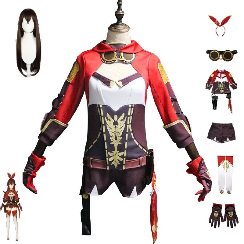 Disfraz de Cosplay Genshin Impact, Aldult ámbar Unisex, Top, calcetines cortos, tocado, peluca, fiesta de Halloween, traje de uniforme de combate de Anime