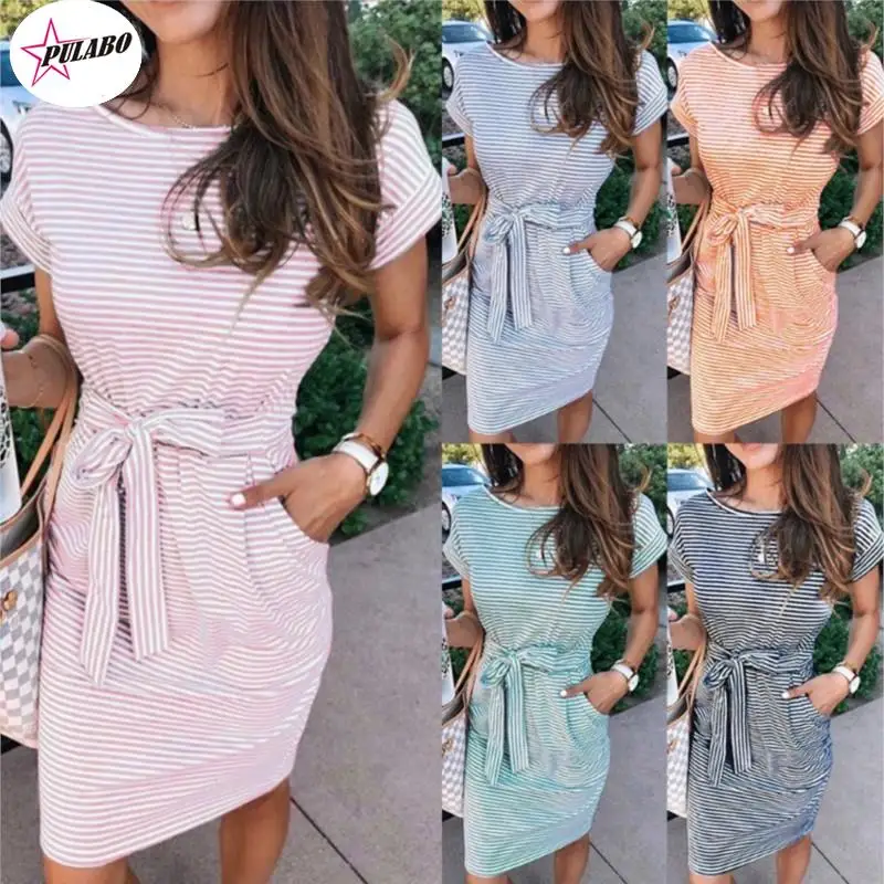 

Женское платье в полоску, с круглым вырезом и коротким рукавом