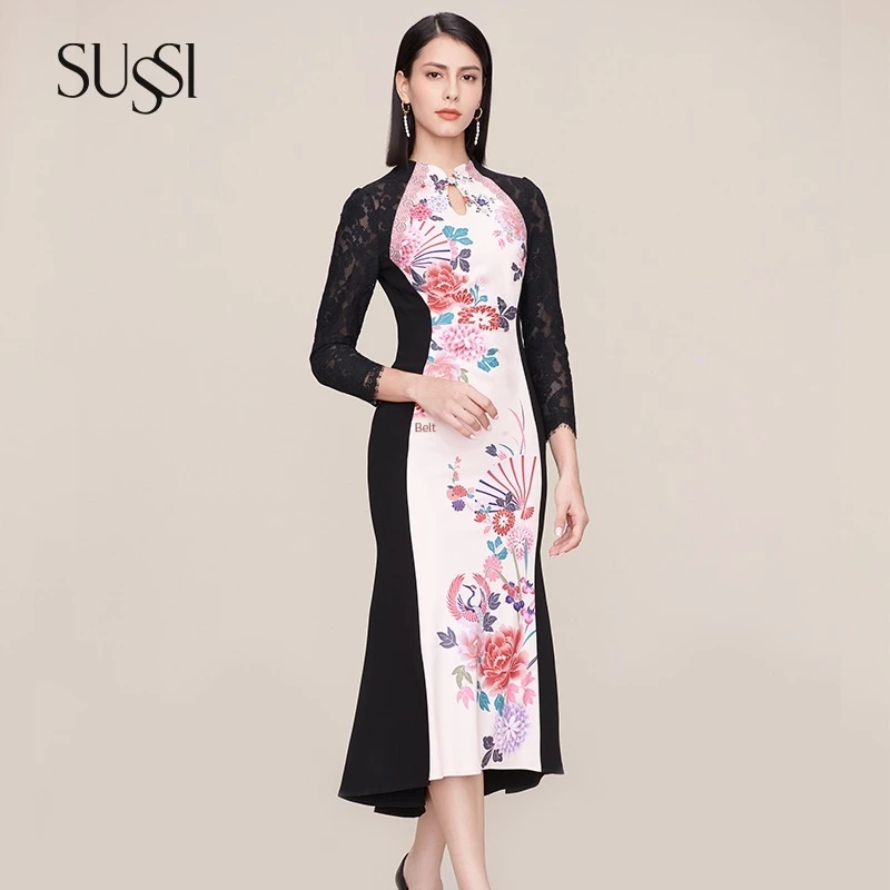

Chinese very high-end classical print Qipao fish tail dress