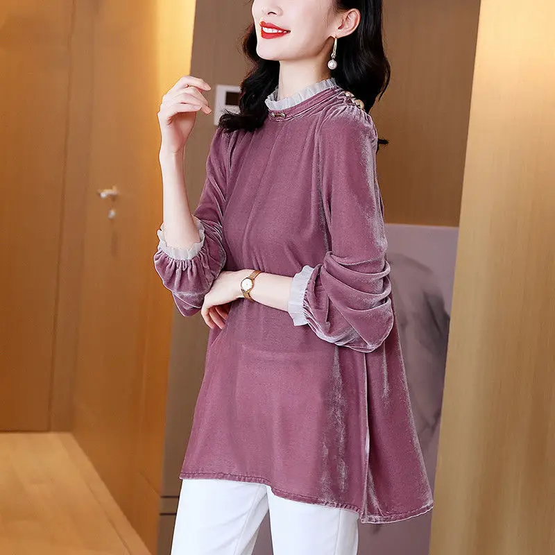 

Elegant Chic Ruffle Patchwork Vintage Rose Purple Pleuche Ladies Tops Casual Loose Long Sleeve T Shirt Women's Clothing B263