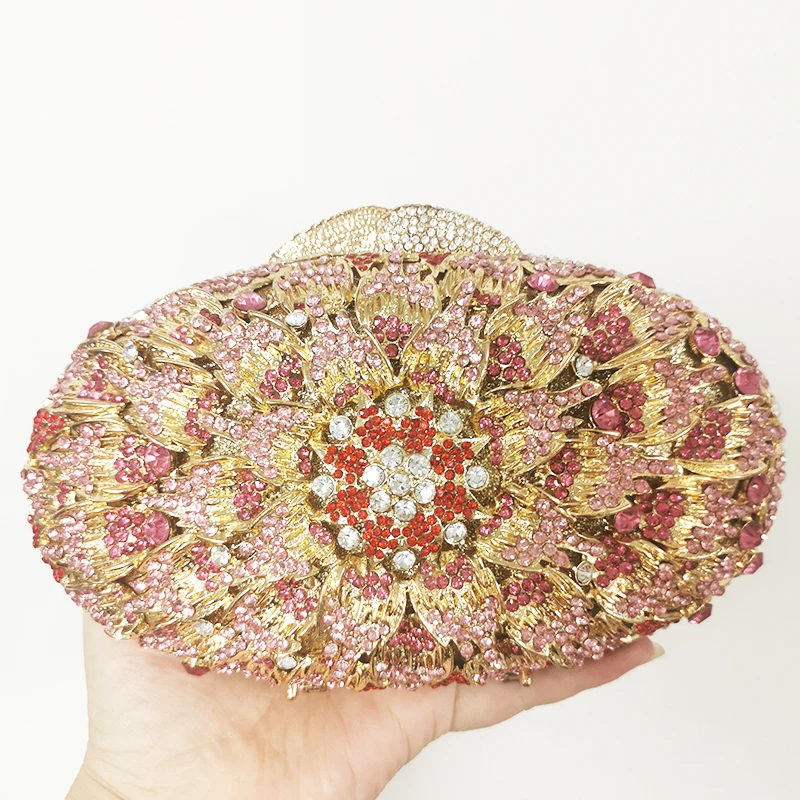 

Pink/Red/White Diamond Evening Clutch Bag Wedding Purse Gold Metal Oval Shaped Bridal Dinner Handbags Party Dinner Clutches