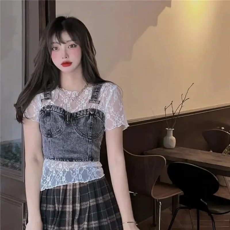 

Deeptown Y2k Vintage Sweet Denim 2 Pieces Set Tops Women Coquette Aesthetic Slim Lace T-shirts Korean Style Fairycore Solid Top