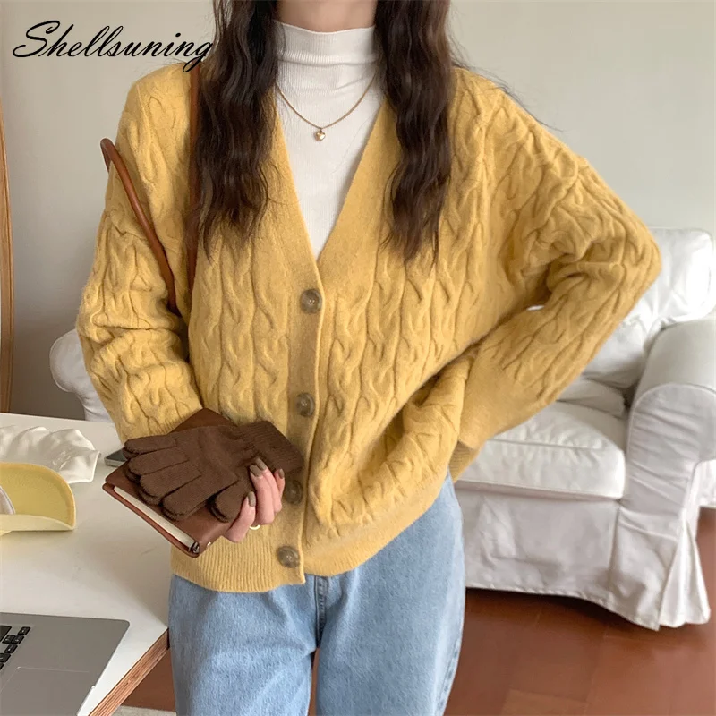 

Shellsuning Winter Solid V-neck Knitted Cardigan Women Loose Lazy Oaf Long Sleeve Knitwear Female Fashion Thick Warm Jumpers