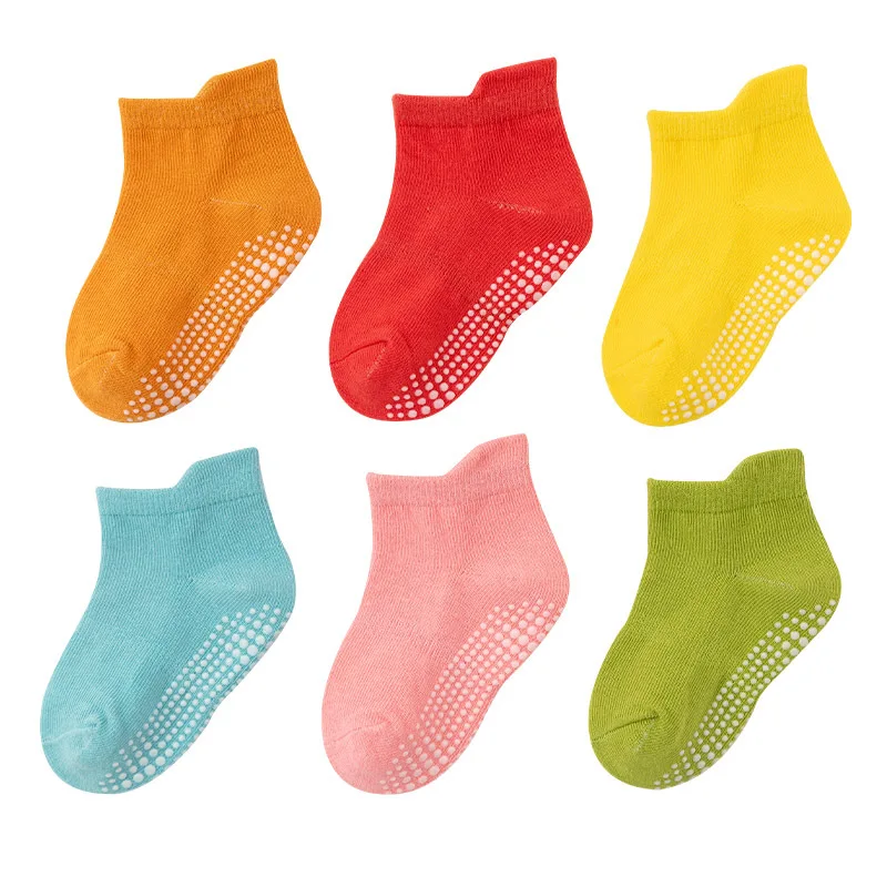 

6 Pairs/lot 0 to 7 Yrs Cotton Children's Anti-slip Boat Socks For Boys Girl Low Cut Floor Kid Sock With Rubber Grips Four Season
