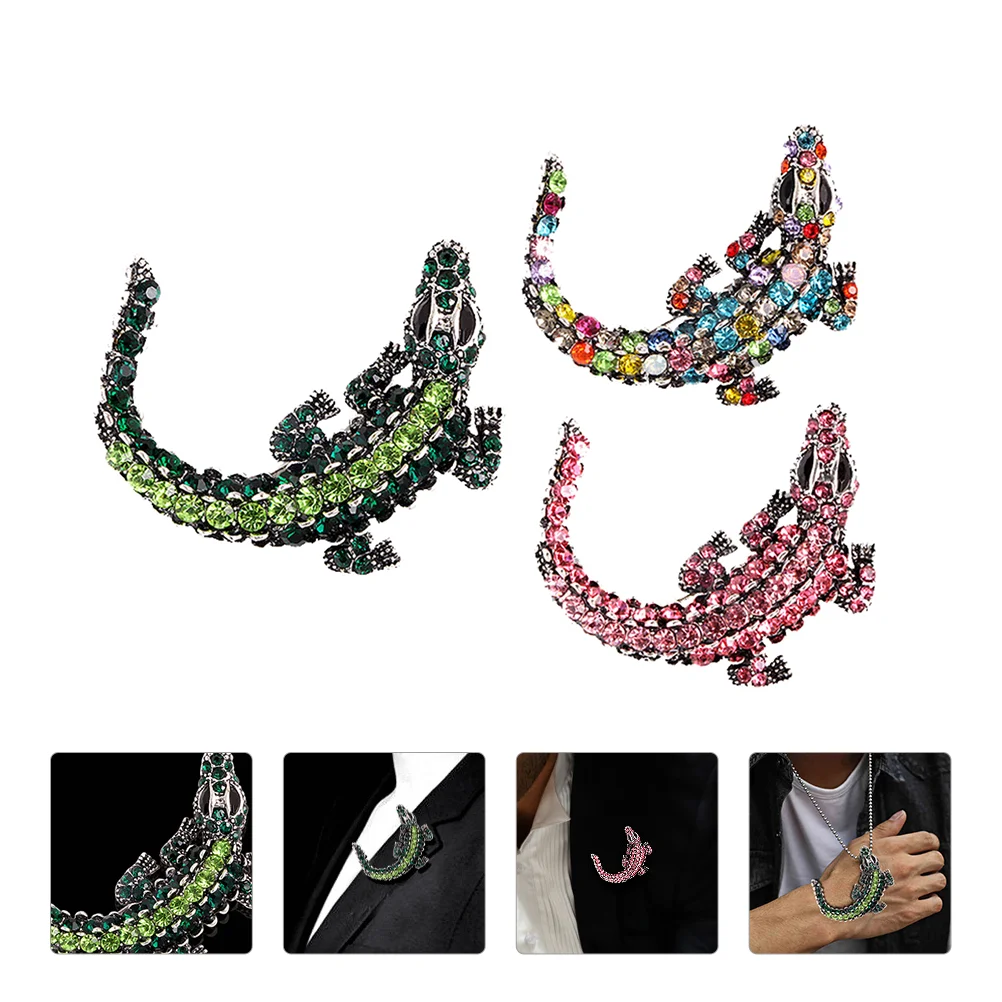 

3 Pcs Crocodile Brooch Men Clothes Pin Crystal Shape Alloy Material Man Rhinestone Collar