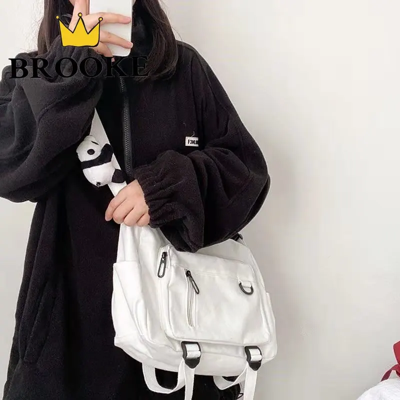 

Women Canvas Bag Female Buckle Zipper Messenger Bag Women High Capacity Student Solid Color Multiple Bag Travel Bag Cute Pendant