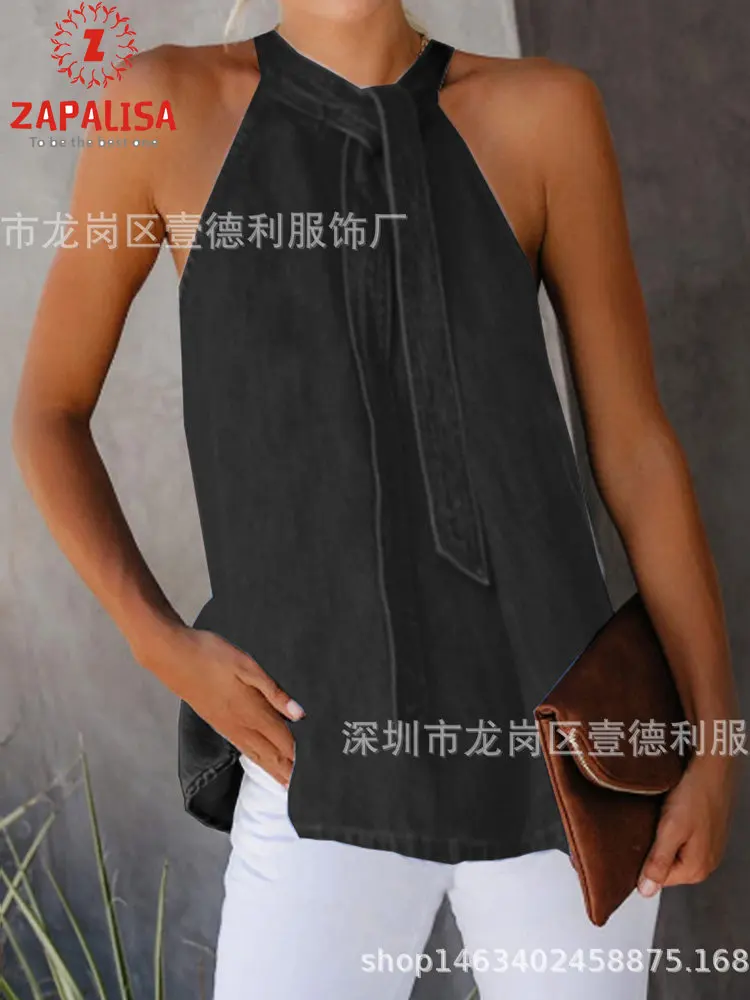 Модные женские летние однотонные джинсовые футболки бандажный дизайн Холтер без