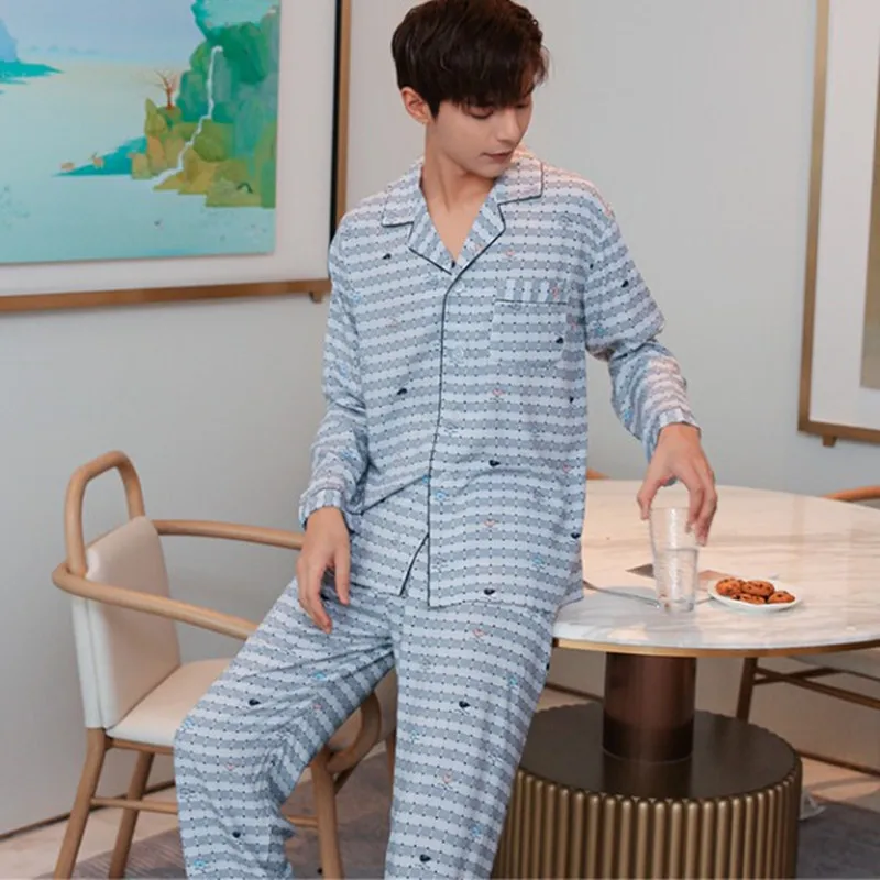 Pajamas for Men Spring and Autumn Long sleeve Cotton silk Nightdress set