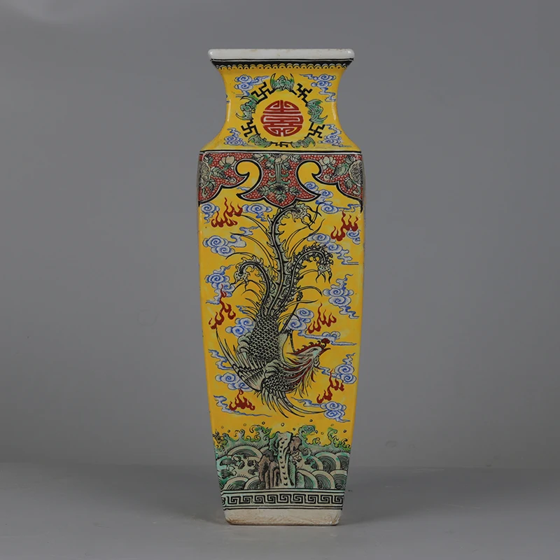 Фото Ваза Kangxi Dynasty Цин Центральные элементы Дракон и Феникс с узором морской воды Квадратная ваза Китайская эмалированная ваза №3