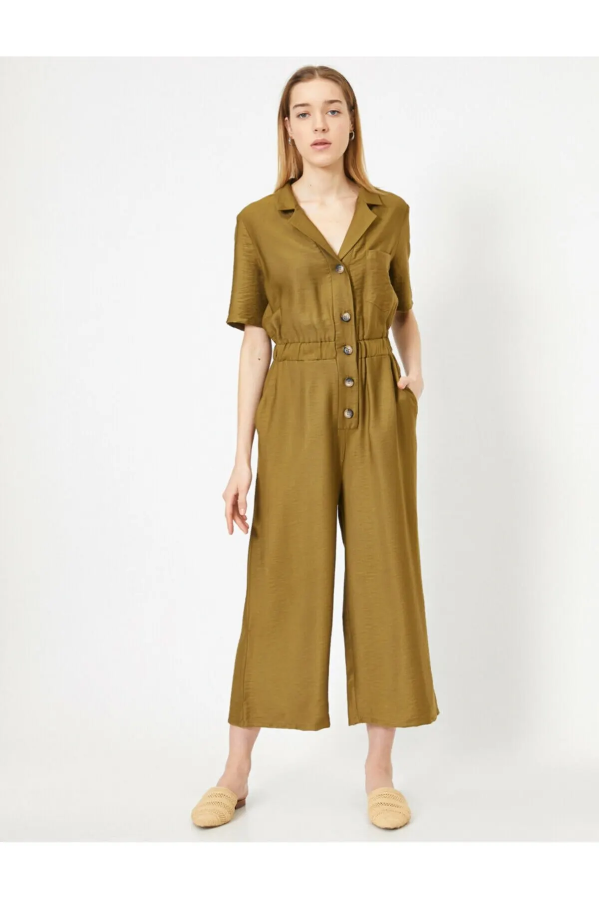

Women's Overalls Shirt Collar Button Detailed Jumpsuit Hot Style Quality Fabric Sleeveless Baggy Trousers Casual Jumpsuit
