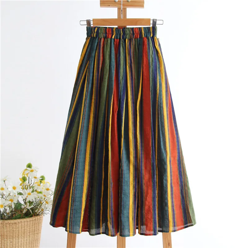 

New Japanese Mori Girl Women Midi Skirt High Waist Colorful Striped Jupe Femme Longo Elegant Vintage Cotton Linen Skirts Womens