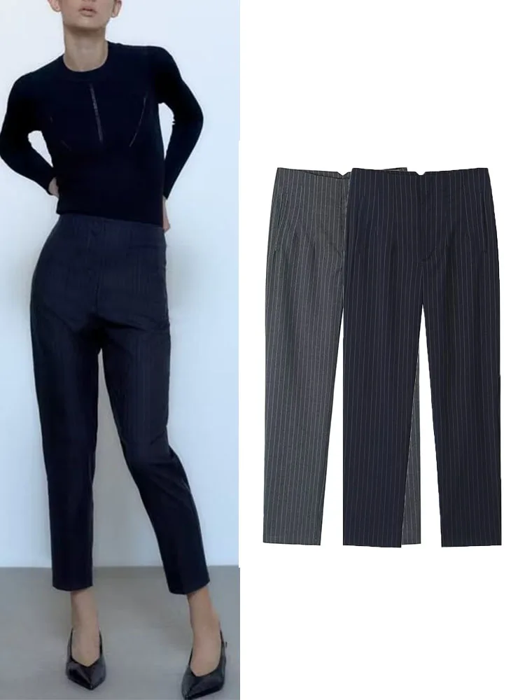 

TRAF New Office Ladies Striped Trousers Fashion High Waist Women Thin Striped Pants Casual Two Colors Office Commuting Pants