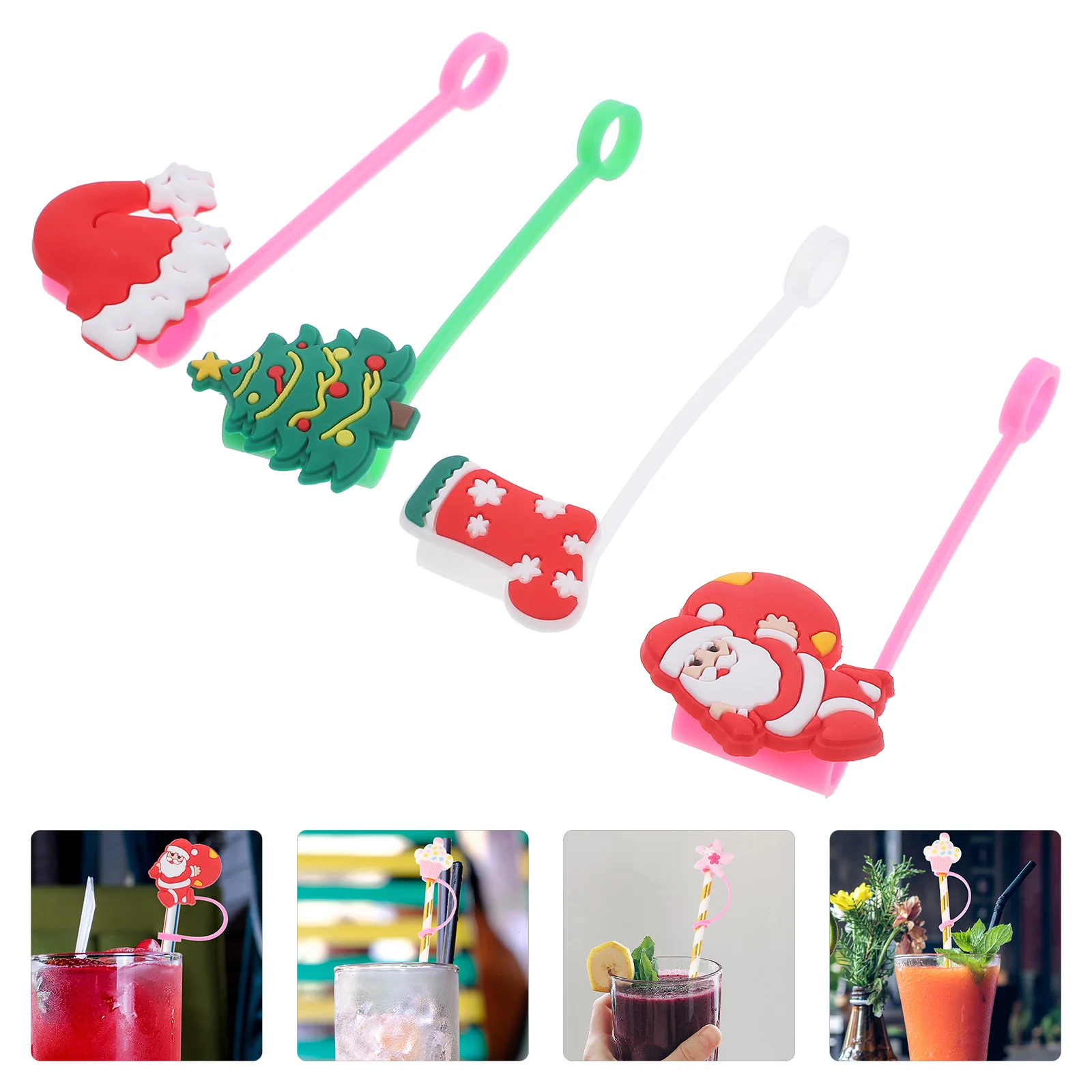 

4 Pcs Christmas Cup Straw Toppers For Tumblers Caps Reusable Straws Cartoon Plug Child
