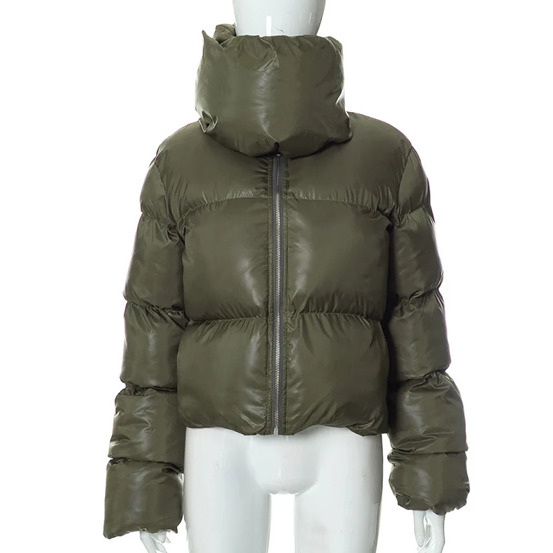 New Winter Women's Leather Jacket Solid Color Casual High Collar Short Top Button Zipper Warm Fashionable Slim Cotton Jacket