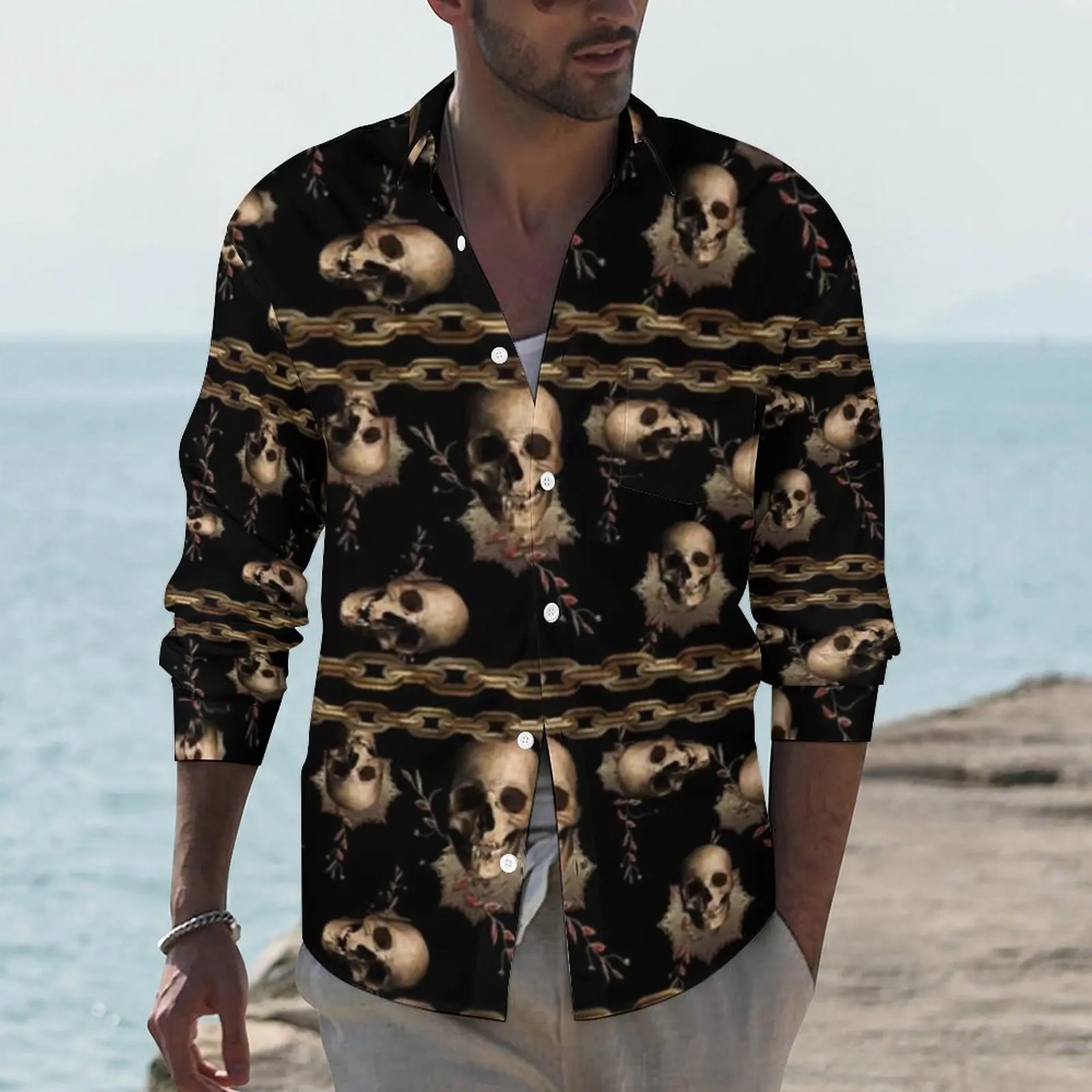 Рубашка в стиле стимпанк с черепом и золотой цепочкой повседневные мужские