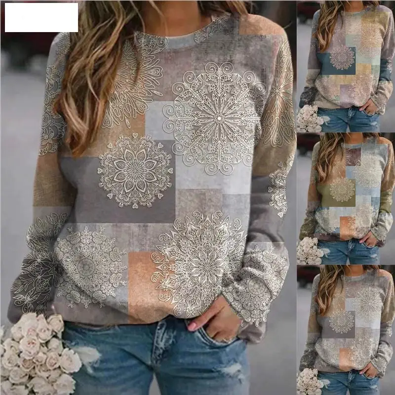 

New Autumn And Winter Fashion Vintage Sweatshirt WomenCasual Long Sleeve Top Round Neck Print Patchwork Loose T-shirt Pullover