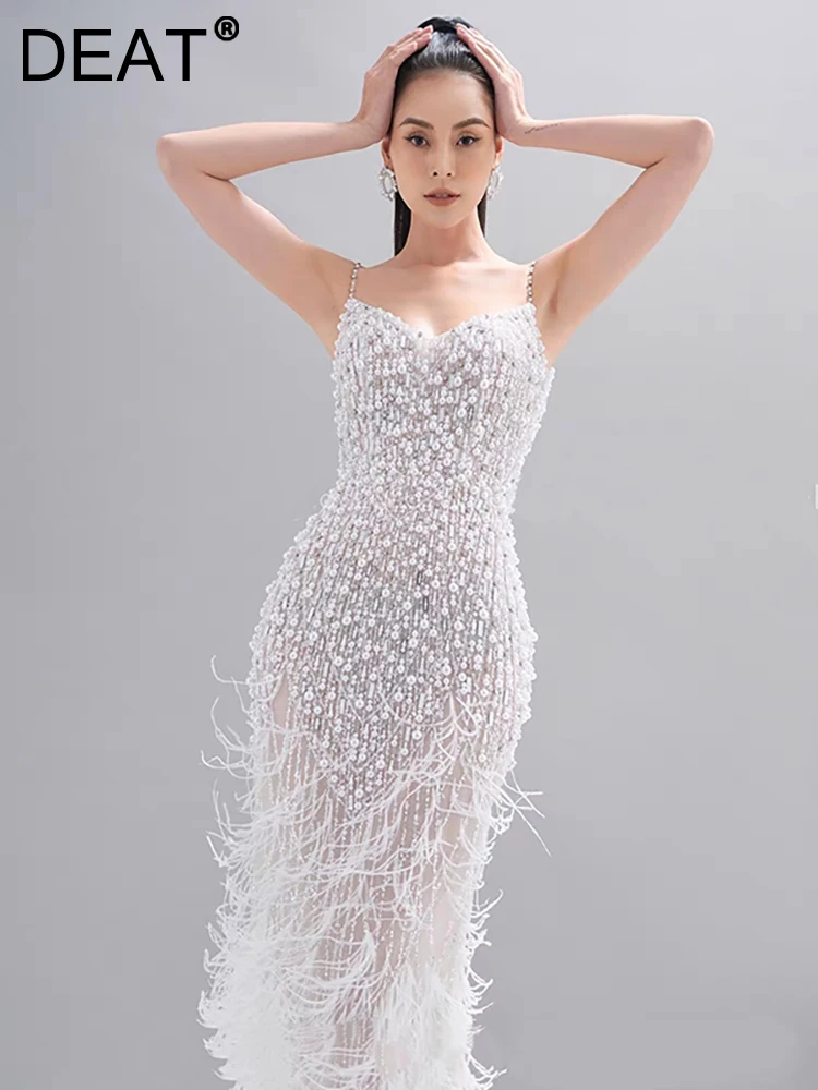 

DEAT Women's Fashion Evening Dress Camisole Sleeveless Patchwork Feather Diamond Elegant Party Dresses Summer 2023 New 13DB3528