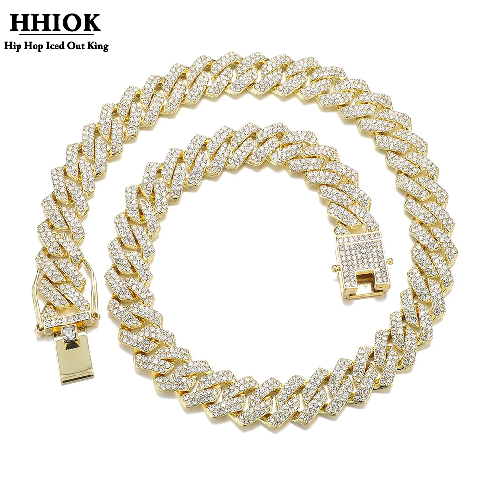 

HipHop Men Women 14MM 20MM Prong Cuban Link Chain Necklace Bling Iced Out 2 Row Rhinestone Miami Rhombus Cuban Necklace Jewelry