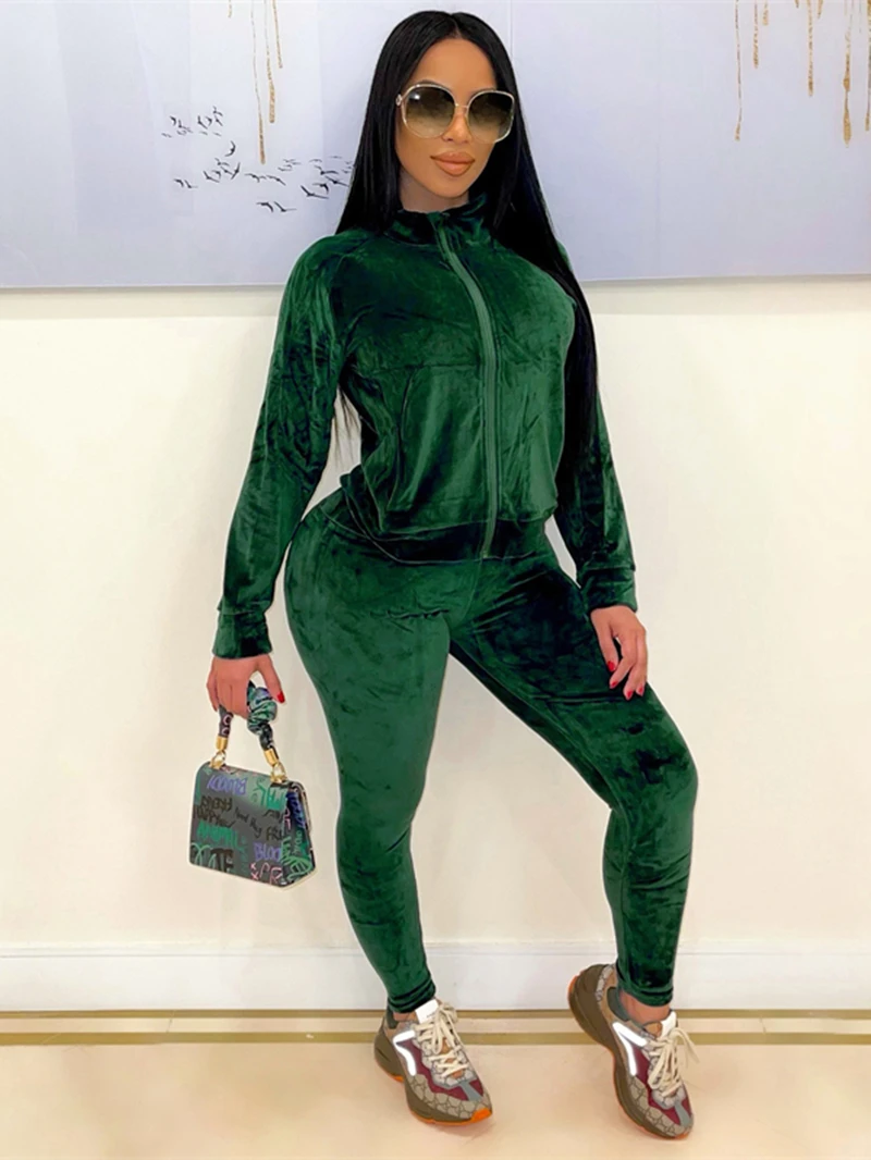 

Velvet Tracksuit Women Two 2 Piece Set Outfits Fall Clothes Solid Zip Top and Pencil Pants Suit Casual Velour 2-Piece Women Sets