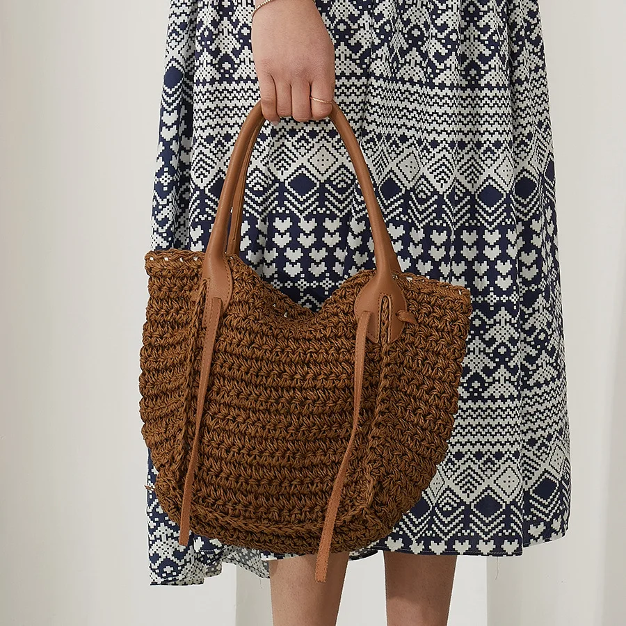 

Fashion Trapeze Shape Straw Tote Bag Paper Woven Women Handbags Designer Rattan Summer Beach Shoulder Bag Large Bali Purses 2022