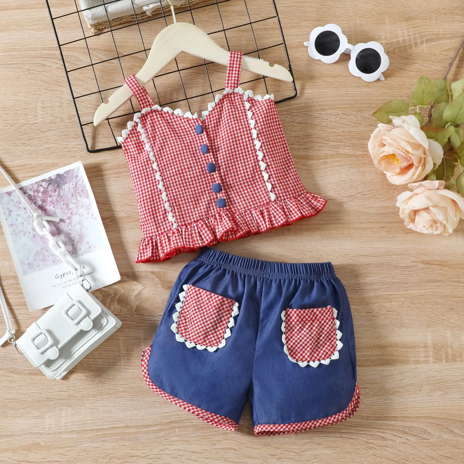 

2023 New Summer 2-6 Year Old Girls 2PCS Checker Strap Single breasted Ruffle Top+Contrast Shorts Children's Set
