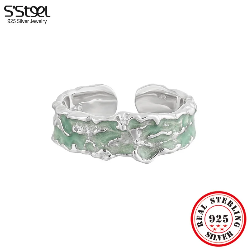 

S'STEEL 925 Sterling Silver Irregular Green Enamel Adjustable Rings Woman Minimalist Best Sellers 2023 Products Designer Jewelry