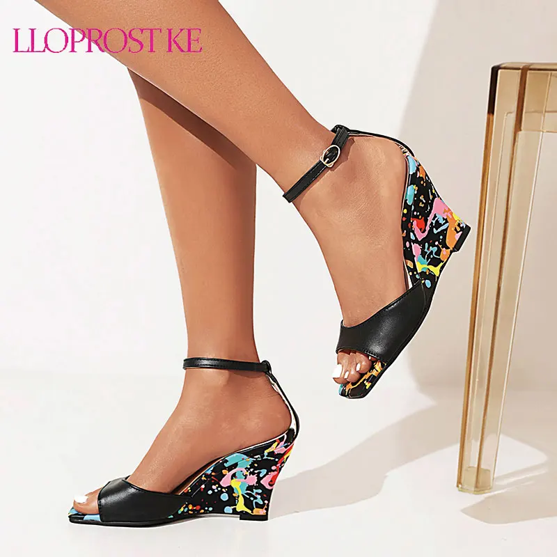 

Lloprost ke Leisure Print Wedges Women Sandal 2022 Summer Sandals Ankle Strap Buckle High Heels Shoes Woman Sandalias Mujer