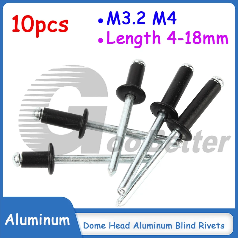 

10pcs M3.2(3.2mm) M4(4mm) Black Dome Head Aluminum Rivets Blind Rivet Length 4 5 6 8 10 12 14 16 18mm