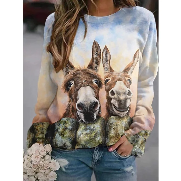 

[New In] Women's Painting T shirt Donkey Print Round Neck Basic Tops Gray / 3D Print