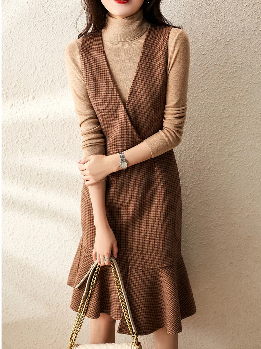 

Ruffled Vest Dress 2022 Spring New V-neck Fishtail Hem Female Loose Western Style All-match Fashion Office Lady Elegant Dresses