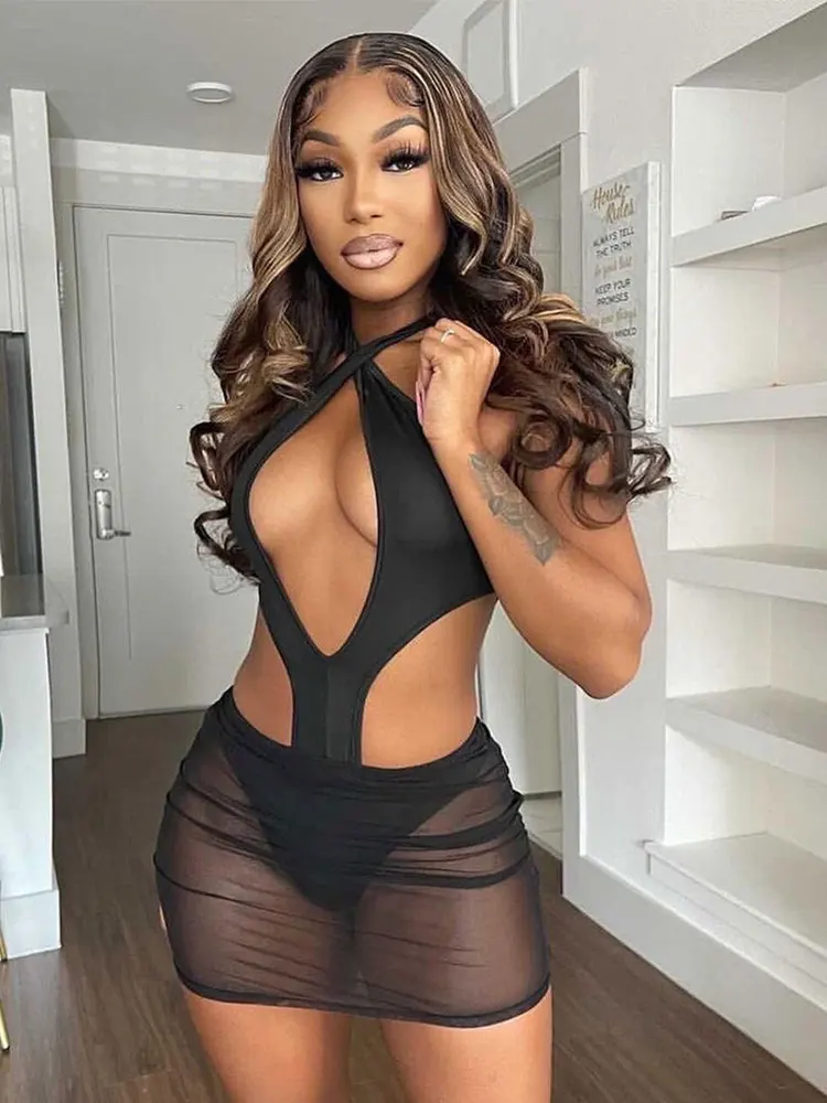 

Summer Women's Dress Solid Female Mini Dress Halter Sleeveless Hollow Out Cross Elegant Bodycon Party Robe Clubwear Vestidos