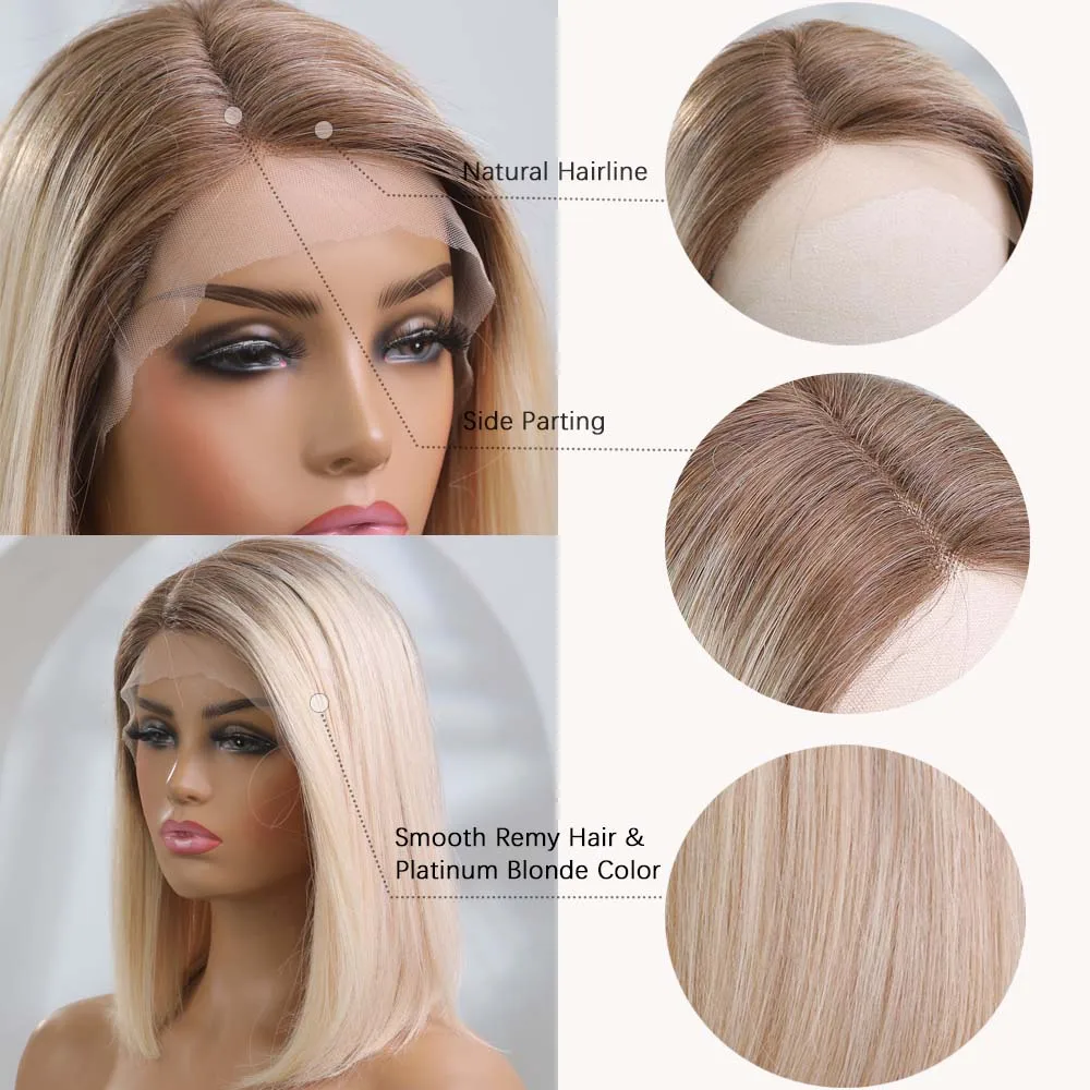 HAIRCUBE 13×5×1Lace Front Human Hair Wig Ombre Platinum Blonde Shoulder Length Bob Wigs for Women Side Parted Straight Remy Hair