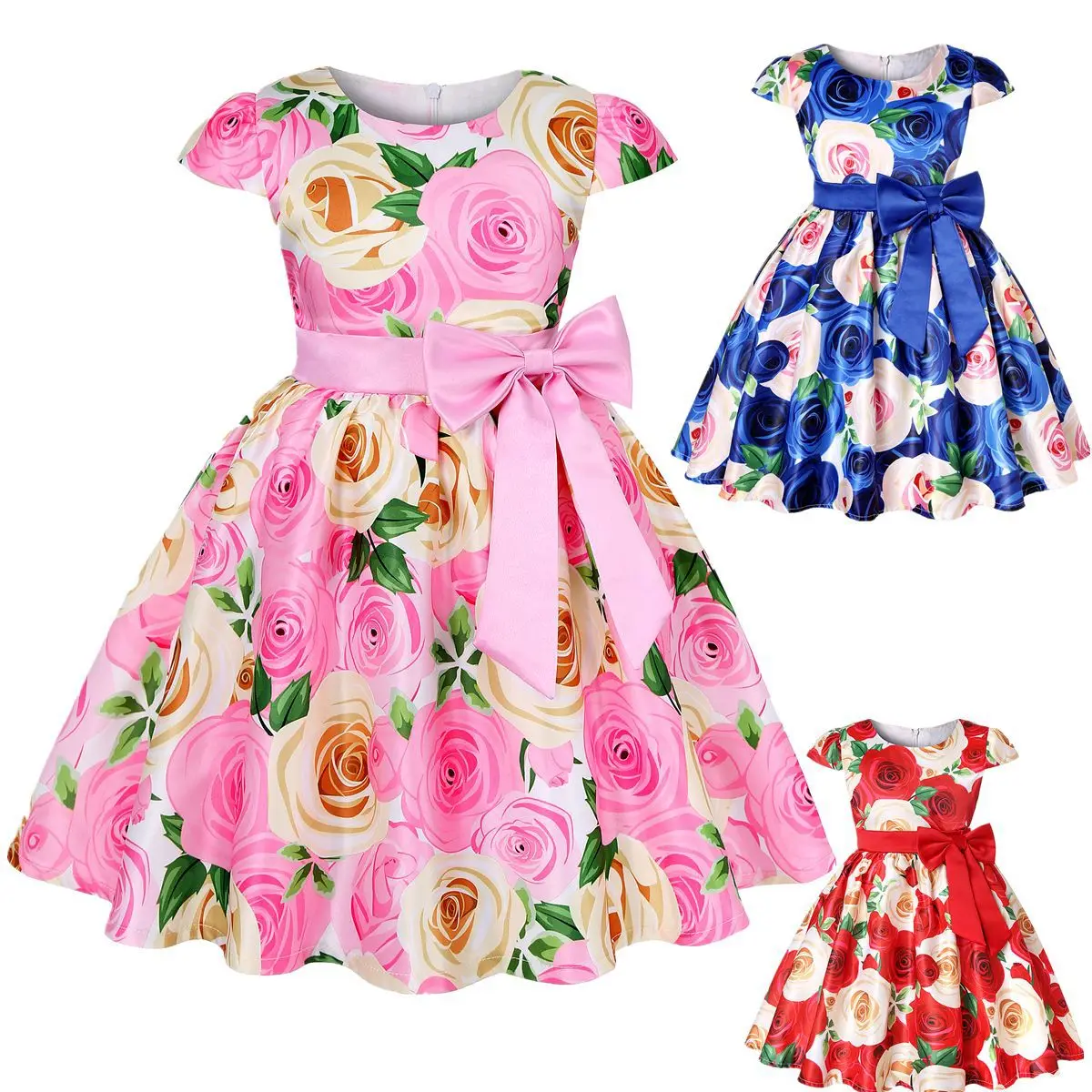 

Baby Girls Floral Bowknot Dresses Cap Sleeves Wedding Birthday Party Pageant Prom Ball Gowns Flower Girl Princess Dresses