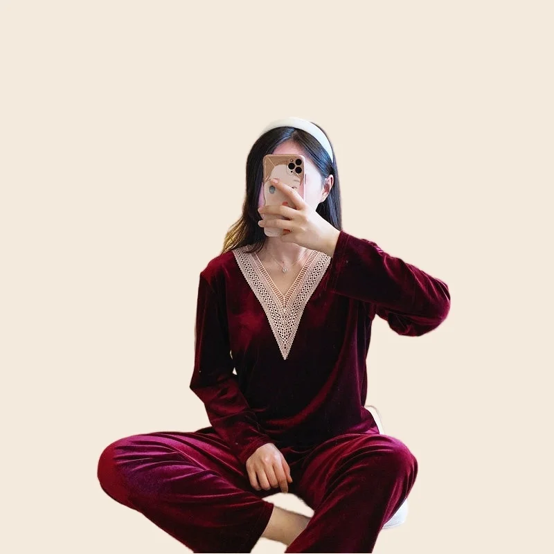 Velvet Pajamas Set Full Sleeve T-shirt Long Pants 2Piece/Set Soft Pyjama Big Size Mom Sexy V-Neck Homewear Cozy Plus Sleepwear