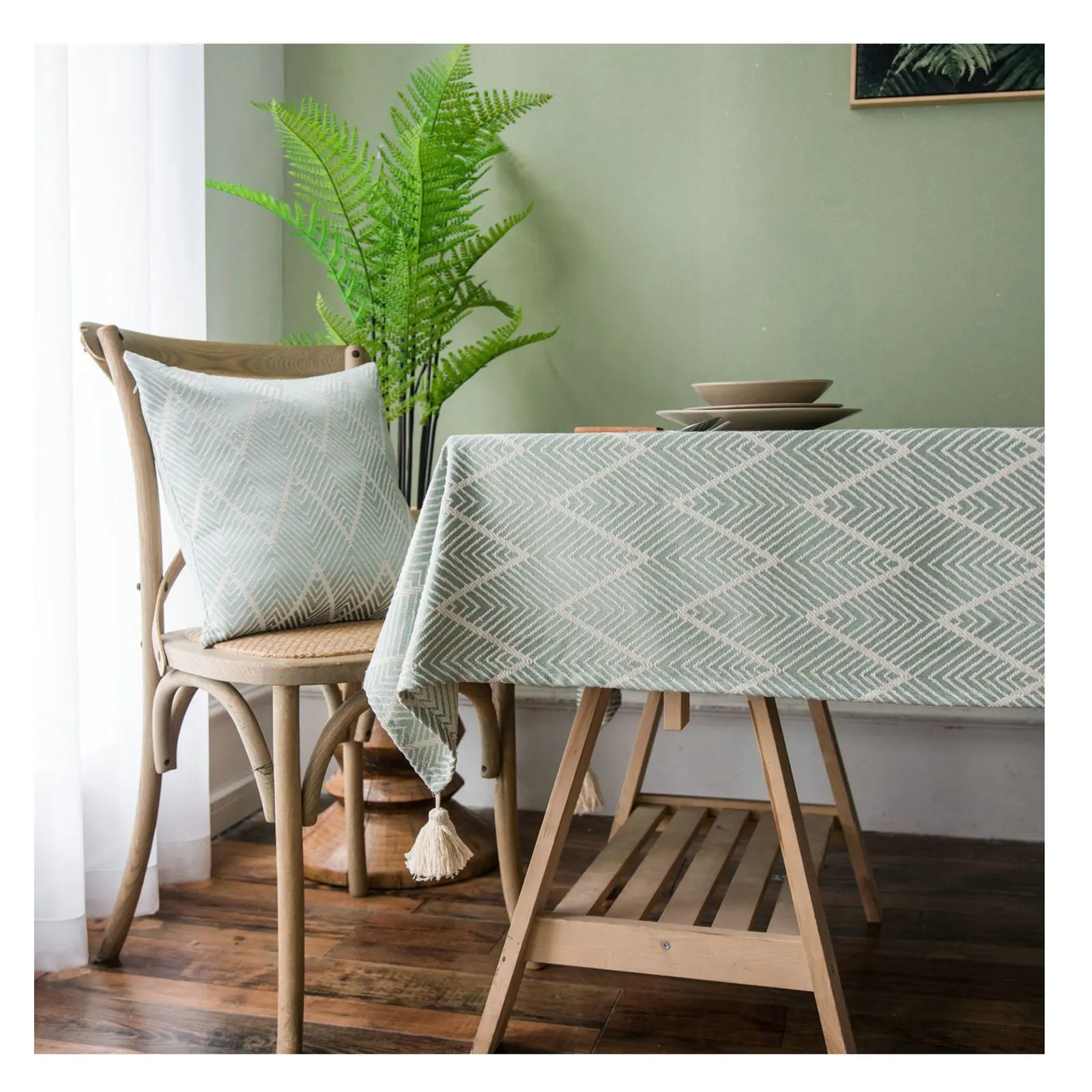 

Dining Table Clothes Polyester Tassel Stripes Printed Green Rectangle Modern Non Slip Indoor Kitchen Room Living Decor